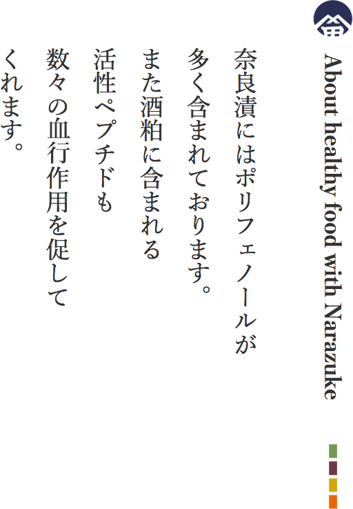 About healthy food with Narazuke 奈良漬にはポリフェノールが多く含まれております。また酒粕に含まれる活性ペプチドも数々の結構作用を促してくれます。